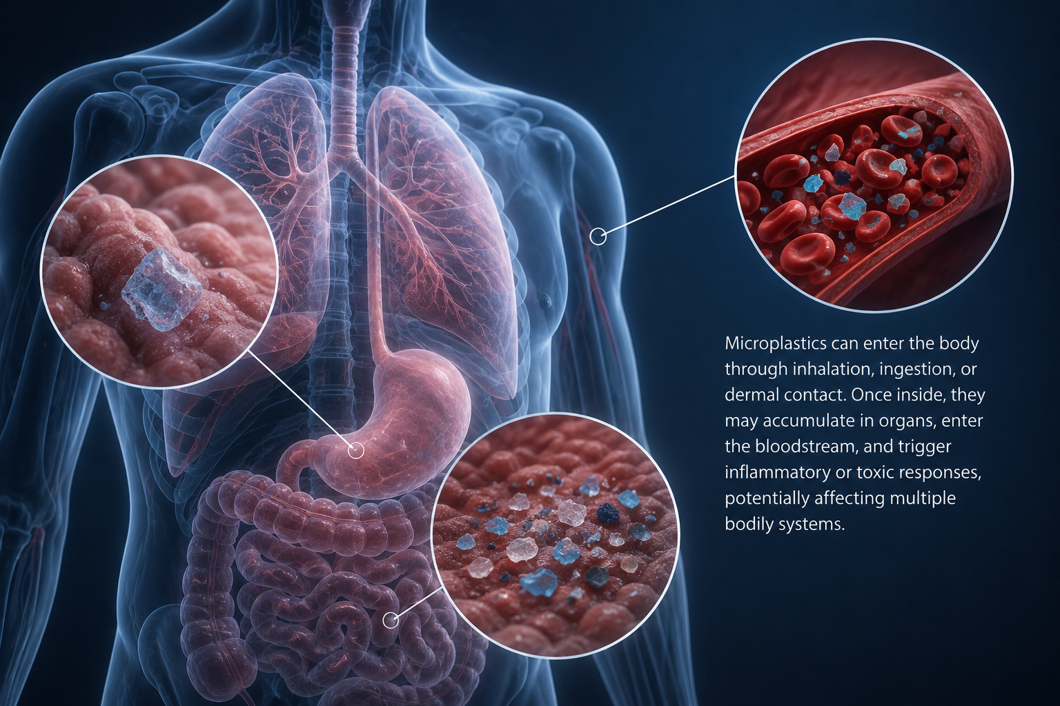 Diagram showing microplastics entering the human body and accumulating in organs