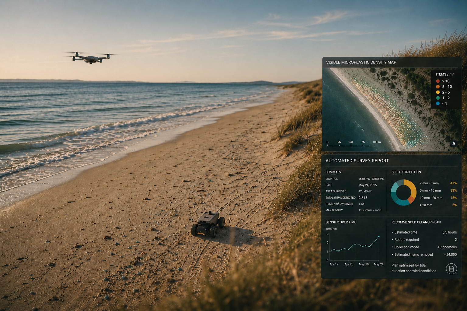 Aerial view of a Nordic beach with a survey drone in flight, a small collection robot on the sand, and an automated survey report dashboard overlay showing microplastic density maps and cleanup metrics