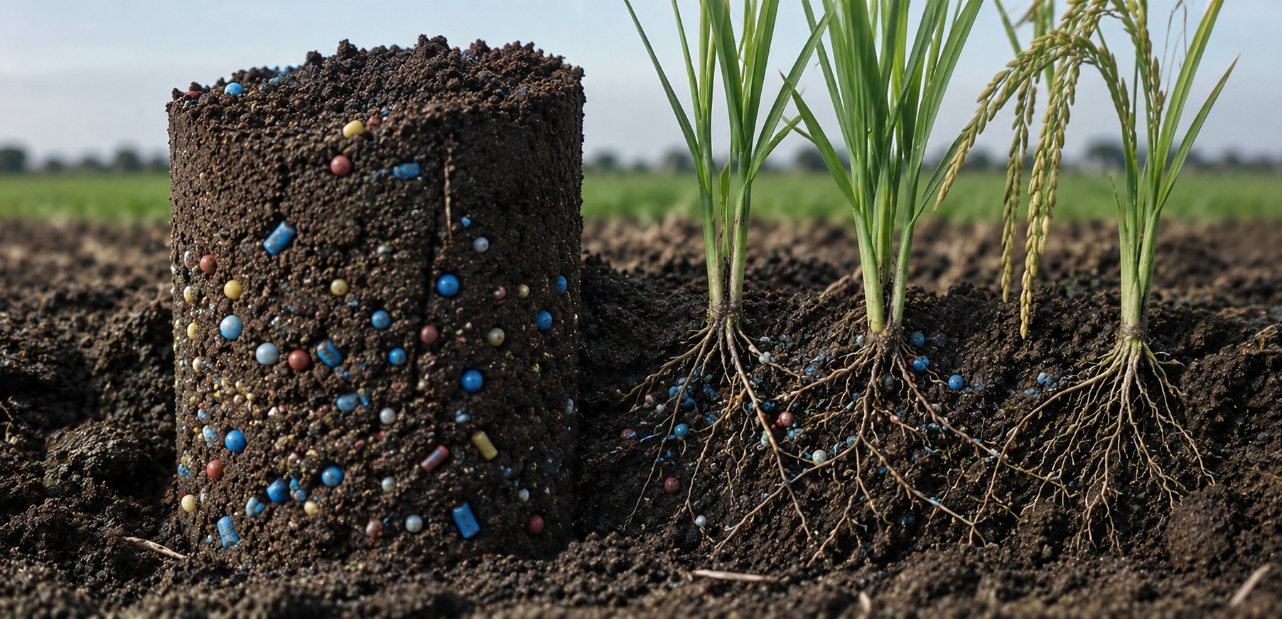 Microplastics embedded in soil around crop roots