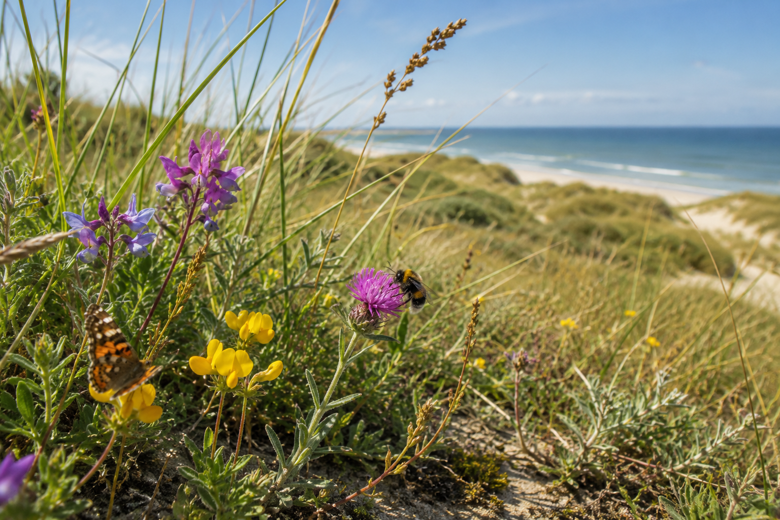 Coastal dunes with wildflowers, a bee and a butterfly, overlooking the ocean